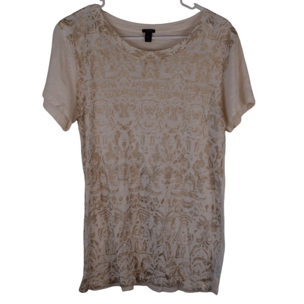 J.‎ Crew Metallic Gold Leaf Print Soft Cotton Lightweight Casual Neutral Top - M